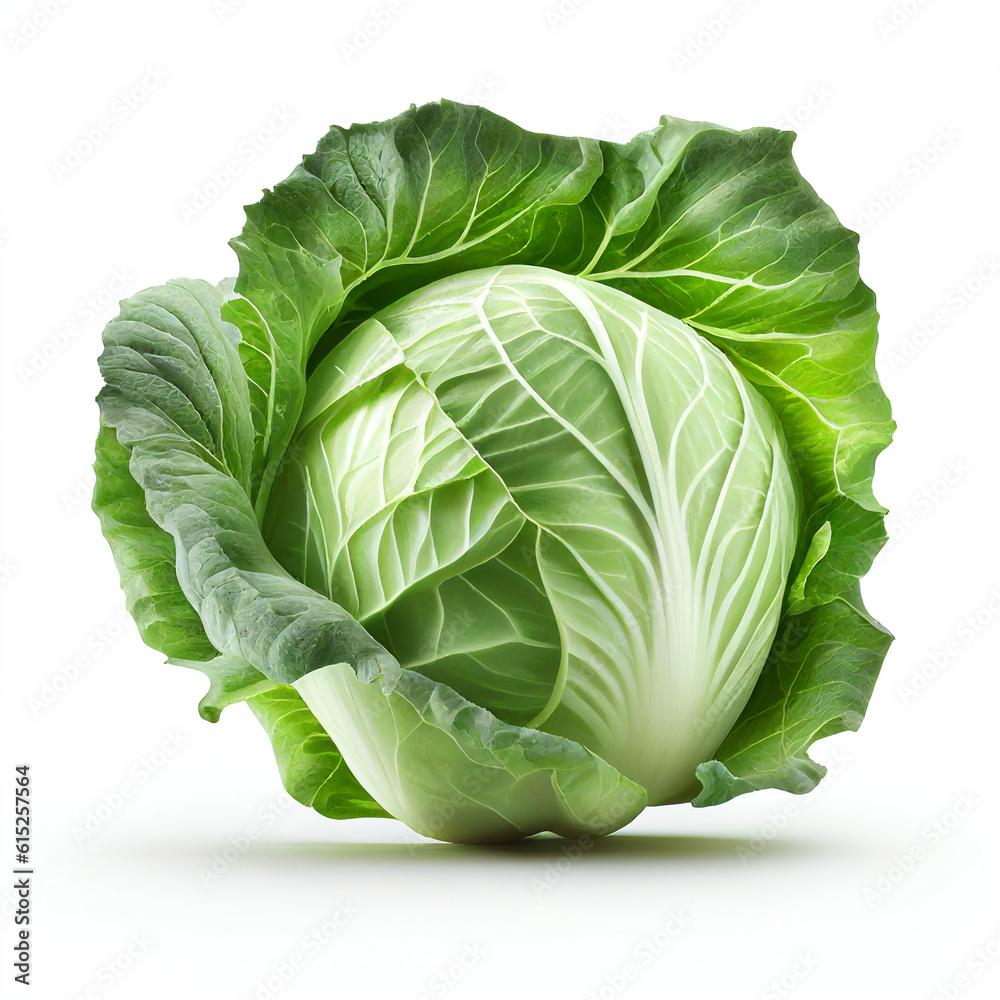 Fototapeta premium Extra fresh green cabbage isolated on white background in png format studio close up minimalist packshot mode. AI Generative image