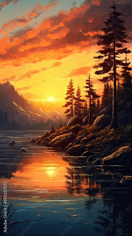 Sunset over lake. AI generated art illustration.
