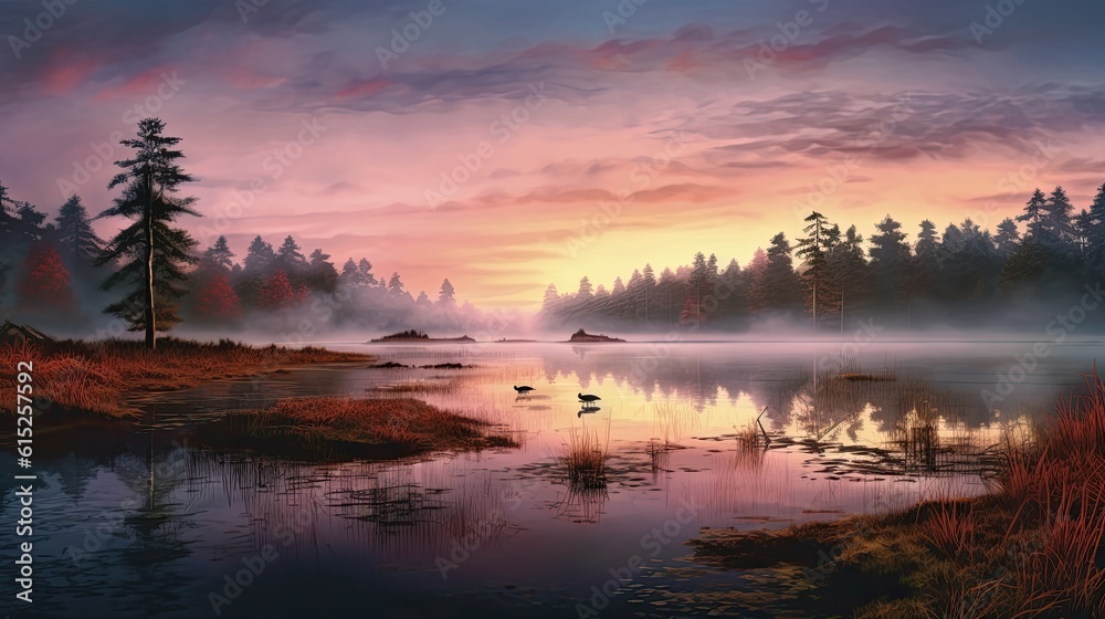 Fototapeta premium Sunset over lake. AI generated art illustration. 