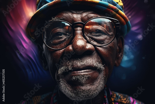 portrait of older African man in glasses and hat with kind facial expression. generative AI