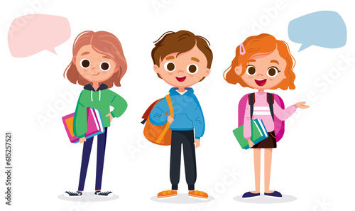 Group of school children standing with backpacks and school supplies. Cute boys and girls with speech bubbles. © olgache