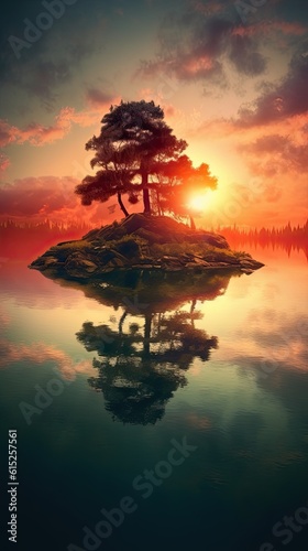 Sunset over lake. AI generated art illustration. 