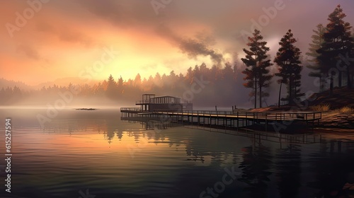 Sunset over lake. AI generated art illustration. 