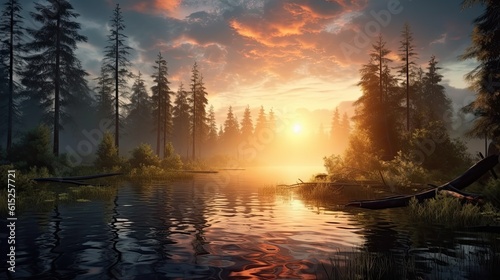 Sunset over lake. AI generated art illustration. 