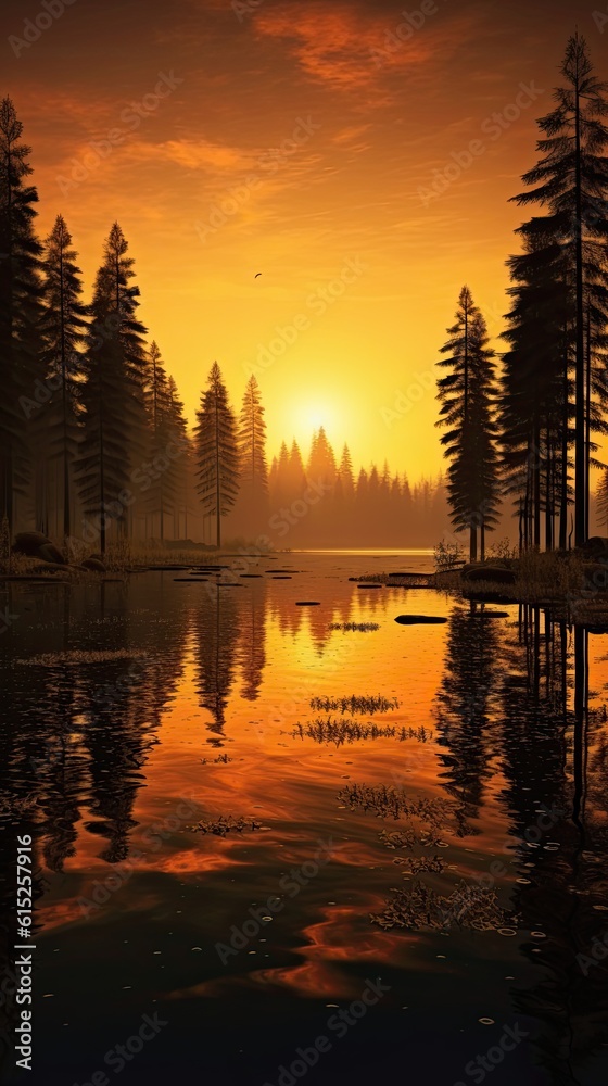 Fototapeta premium Sunset over lake. AI generated art illustration. 