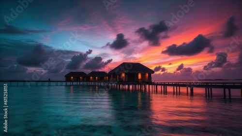 Amazing sunset panorama at Maldives. Luxury resort villas seascape with soft led lights under colorful sky. Beautiful twilight sky and colorful clouds. Beautiful beach background. Generative AI