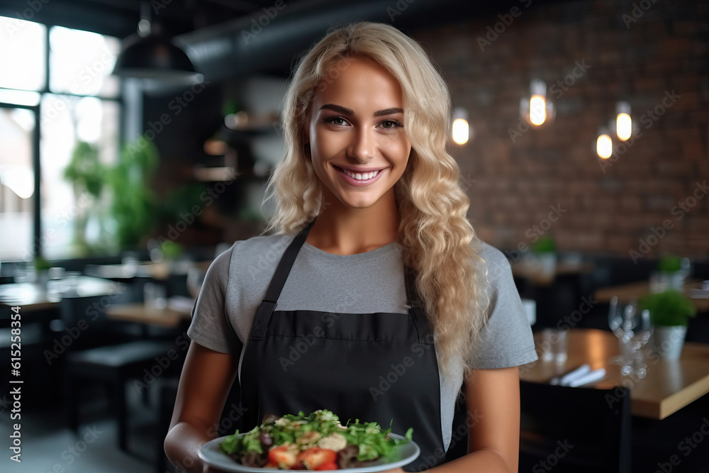 Photo of a woman holding a plate of delicious food in a cozy restaurant