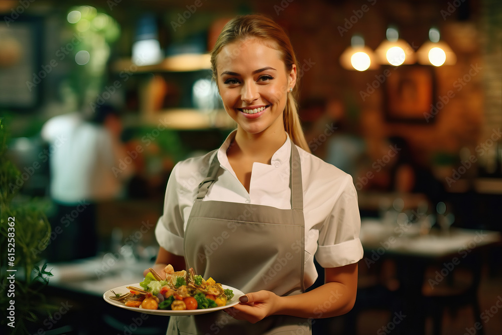 A woman holding a plate of food in a restaurant