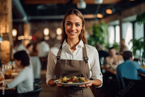 A woman holding a plate of food in a restaurant