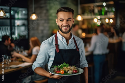 Photo of a man holding a delicious plate of food in a cozy restaurant