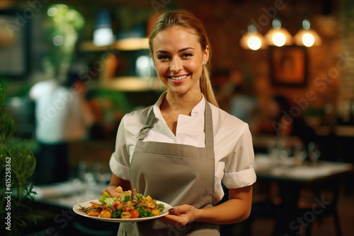 A woman holding a plate of food in a restaurant