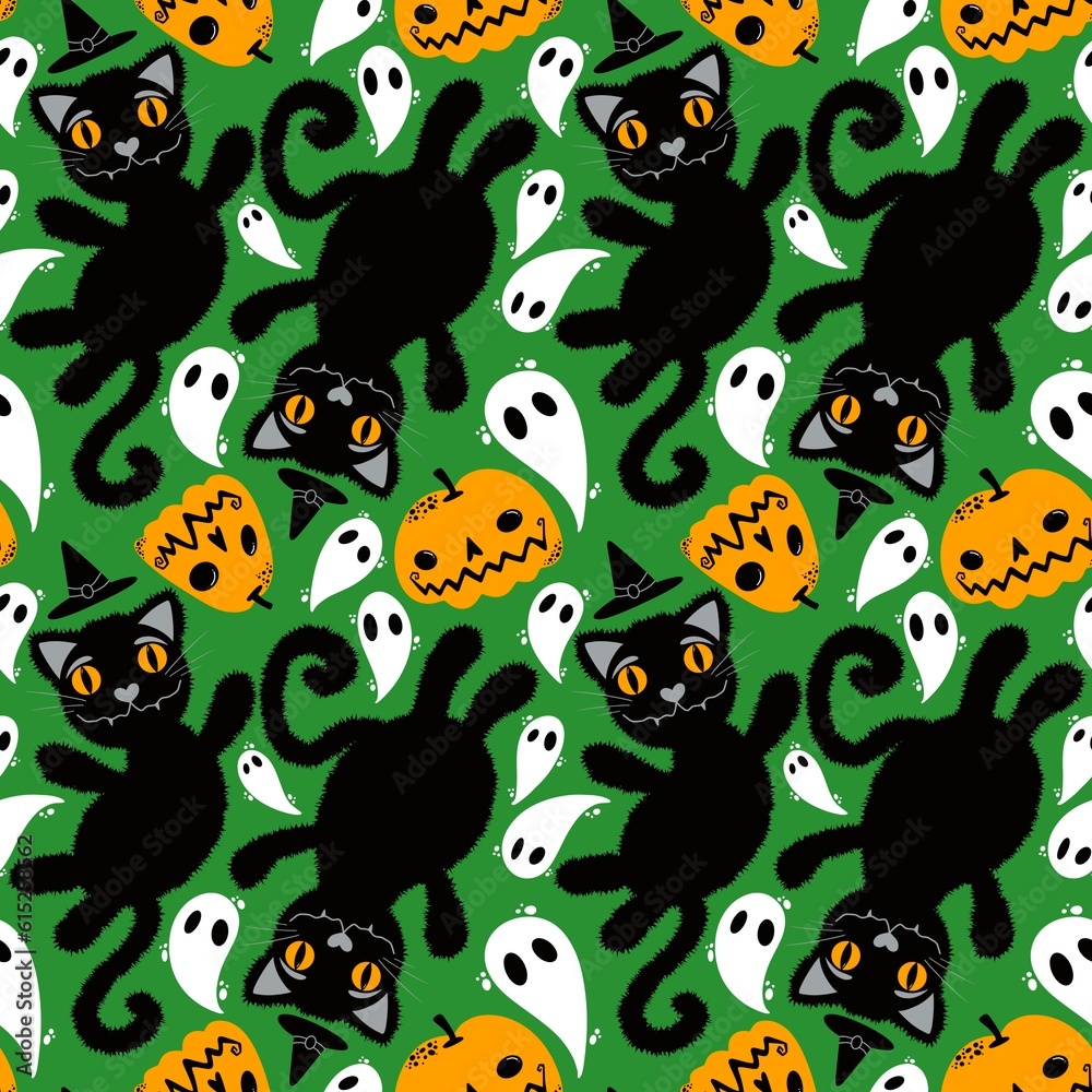 Halloween cartoon black cats seamless animals fluffy monsters pattern for wrapping paper and fabrics and linens Halloween cartoon black cats seamless animals fluffy monsters pattern for wrapping paper and fabrics and linens