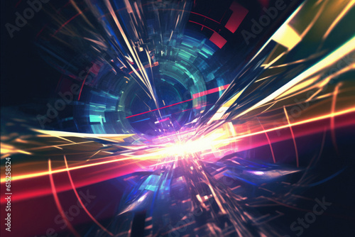 Abstract, futuristic background with bright colors and fantastic shapes in motion, illuminated and shining with contrasting tones, creating a beautiful and inspiring scene for design. Generative AI.