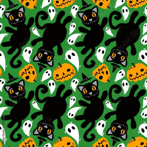 Halloween cartoon black cats seamless animals fluffy monsters pattern for wrapping paper and fabrics and linens