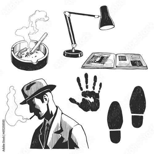 Vector hand-drawn illustration with a smoking man in a hat, whose face is in shadow. Graphic sketch elements for design on the theme of a private detective