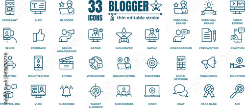 Blogger, media and communication vector icon set. Included icons as influencer, social media, advertisement, view rates, like, vlog and more. Pixel perfect 64x64. Editable Stroke.