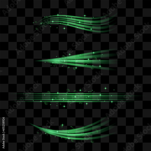Vector Green Fresh Air Effect Set on Checkered Background. Water Transparent Flow. Glow Swirl Light