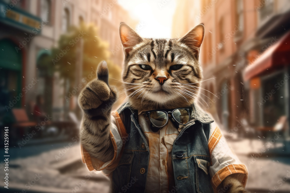 cool and confident cat strolling down the street in sunglasses and casual clothes. Generative AI Technology. cool and confident cat strolling down the street in sunglasses and casual clothes. Generative AI Technology.