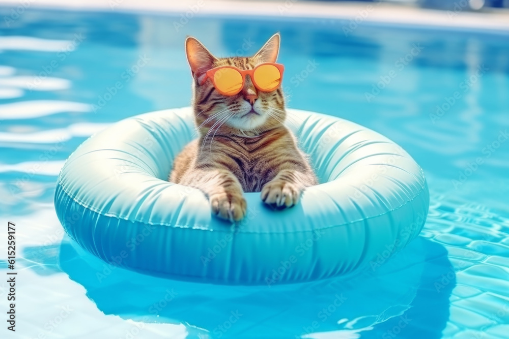 Cool cat wearing sunglasses swimming in a pool with an inflatable ring, capturing the essence of