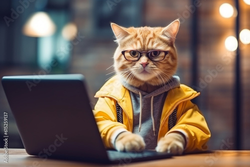 whimsy and creativity of a cat dressed as a designer, wearing a knitted hat and glasses, hard at work on a laptop, exuding intelligence and ingenuity. Generative AI Technology. photo