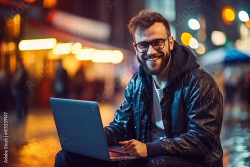 young freelance guy with a smile on his face working on a laptop outdoors. Perfect for any project related to remote work, digital nomads, or freelancing. Generative AI Technology.