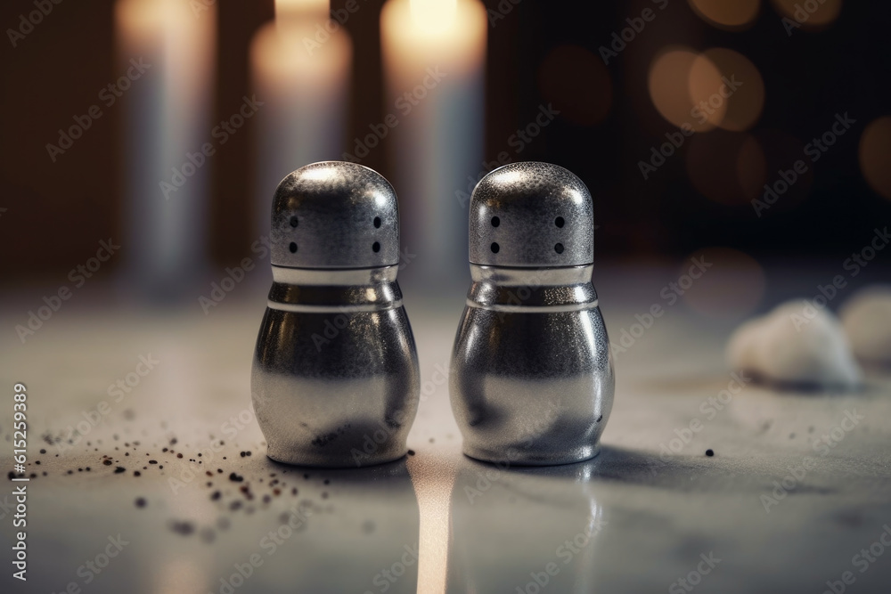 Two salt shakers placed on a table. The composition and lighting emphasize the cleanliness and sharpness of the objects, home decor, kitchen accessories, and dining. Generative AI Technology. Two salt shakers placed on a table. The composition and lighting emphasize the cleanliness and sharpness of the objects, home decor, kitchen accessories, and dining. Generative AI Technology.