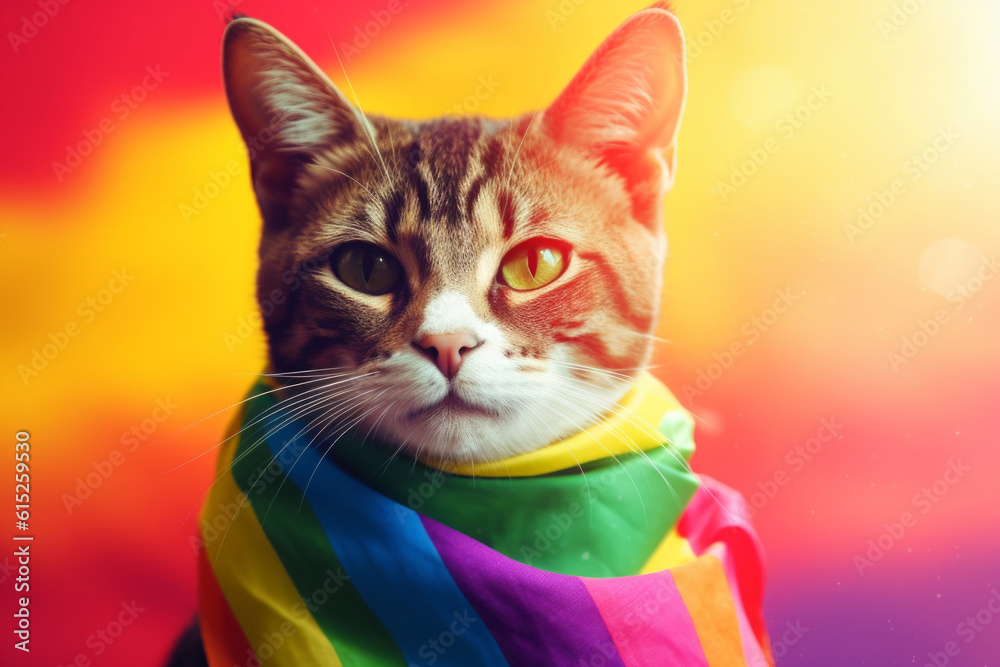 Celebrating diversity and inclusivity. This bold, colorful illustration features a charming cat wearing the iconic LGBT flag, perfect for pride events and related themes. Generative AI Technology.