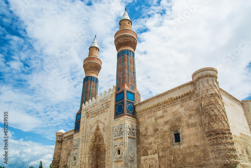 Sivas, Turkiye- June 19 2023: Gok madrasah, also known as double minaret madrasah, Sivas Türkiye. photo
