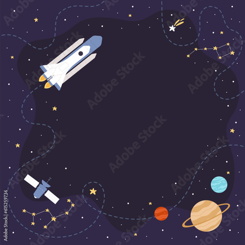 Space exploration square vector illustration. Cartoon spaceship flying in night sky to explore galaxy along route line, blue cosmos background with constellation pattern, planets solar system stars