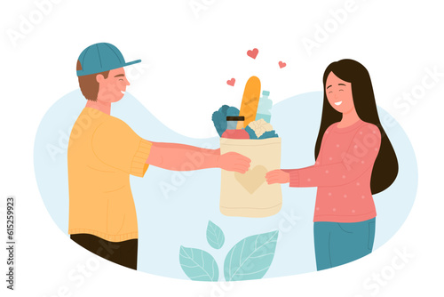 Volunteer giving paper bag with food to woman. Charity support, donation, help concept vector illustration