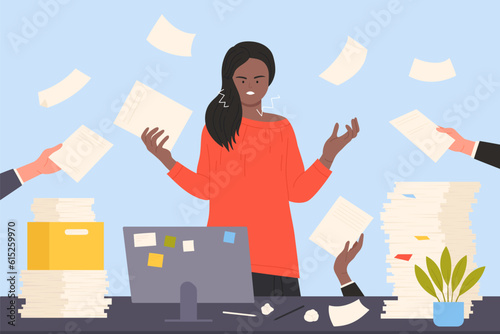 Office bureaucracy and employee stress vector illustration. Cartoon angry woman in anger from lot of paper documents in hands of colleagues, person standing at table with scattered sheets and laptop