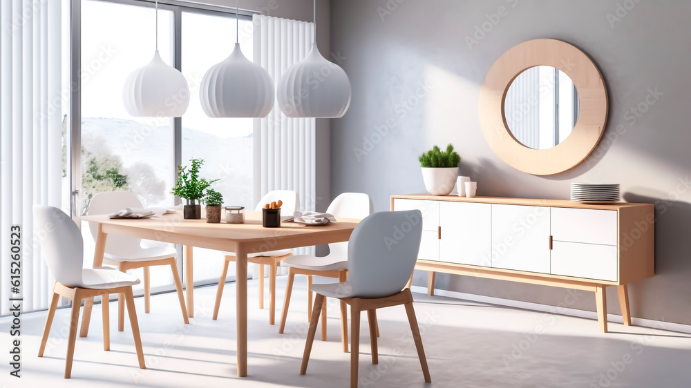 A modern dining room with white walls, long wooden table with white chairs and round mirror. Generative AI. A modern dining room with white walls, long wooden table with white chairs and round mirror. Generative AI.