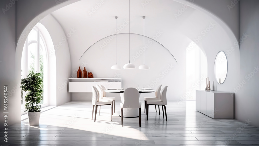 Interior of modern dining room with white walls, and round dining table with chairs. Generative AI.