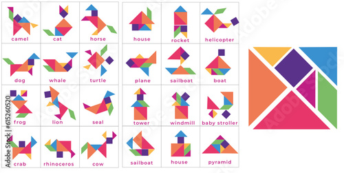 Colourful Tangram Puzzle Set with 24 pictures of animals, buildings and transport, kids activity 