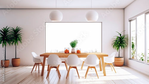 Interior of modern dining room with white walls  wooden floor  long wooden table with white chairs. Generative AI.