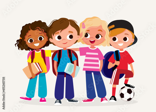 Friends smiling. Group of school kids. Boys and girls with school supplies and sport equipment.