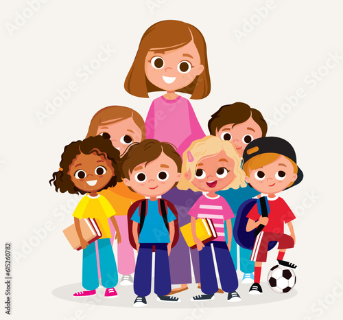 Teacher and students. Group of school kids. After school activities. Happy smiling children with backpacks.