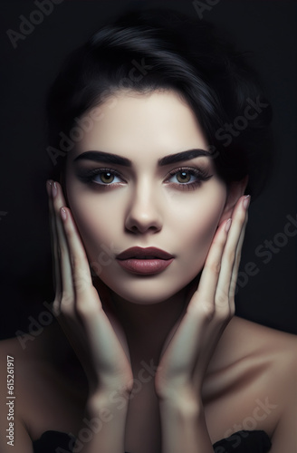 Beautiful woman is touching her face hyper realistic generative AI illustration. Advertising beauty welness photo style
