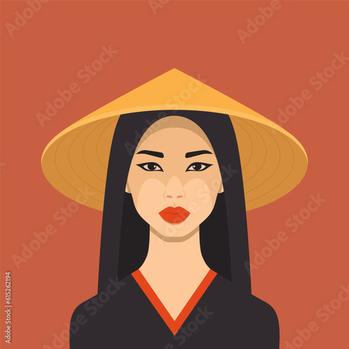 Vector Portrait of Beautiful Young Asian Woman with Chinese, Asian Traditional Conical Straw Hat, Vietnamese Triangle Nonla Hat, Non La Headdress. Asian Women Portrait in Front View