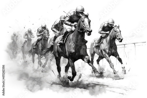 Jockeys sprinting with horses on a horse racing tournament, charcoal pencil drawing, horizontal poster.