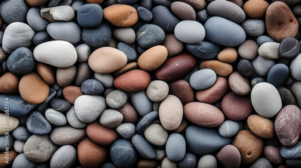 Natural pebbles texture, sea stones moody background, zen, summer, beach, full frame. IA generative.