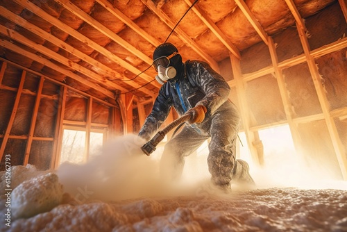 An operator fumigates with gas the floor of a wooden house under construction. photo