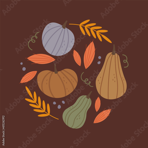 Pumpkins Autumn ornament vector drawing on a burgundy background illustration for autumn holiday Thanksgiving Day, Halloween pumpkin harvest. Design element for greeting card, banner, poster, template