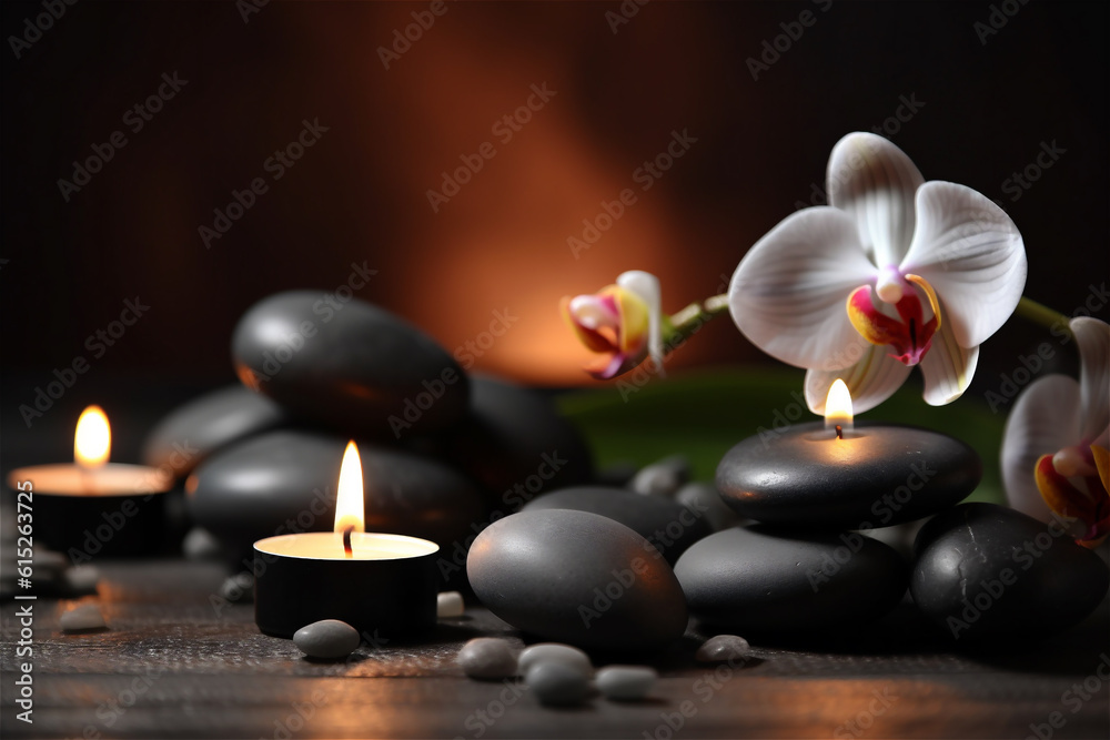 Spa stones and candles with flowers on dark background. AI generated content Spa stones and candles with flowers on dark background. AI generated content