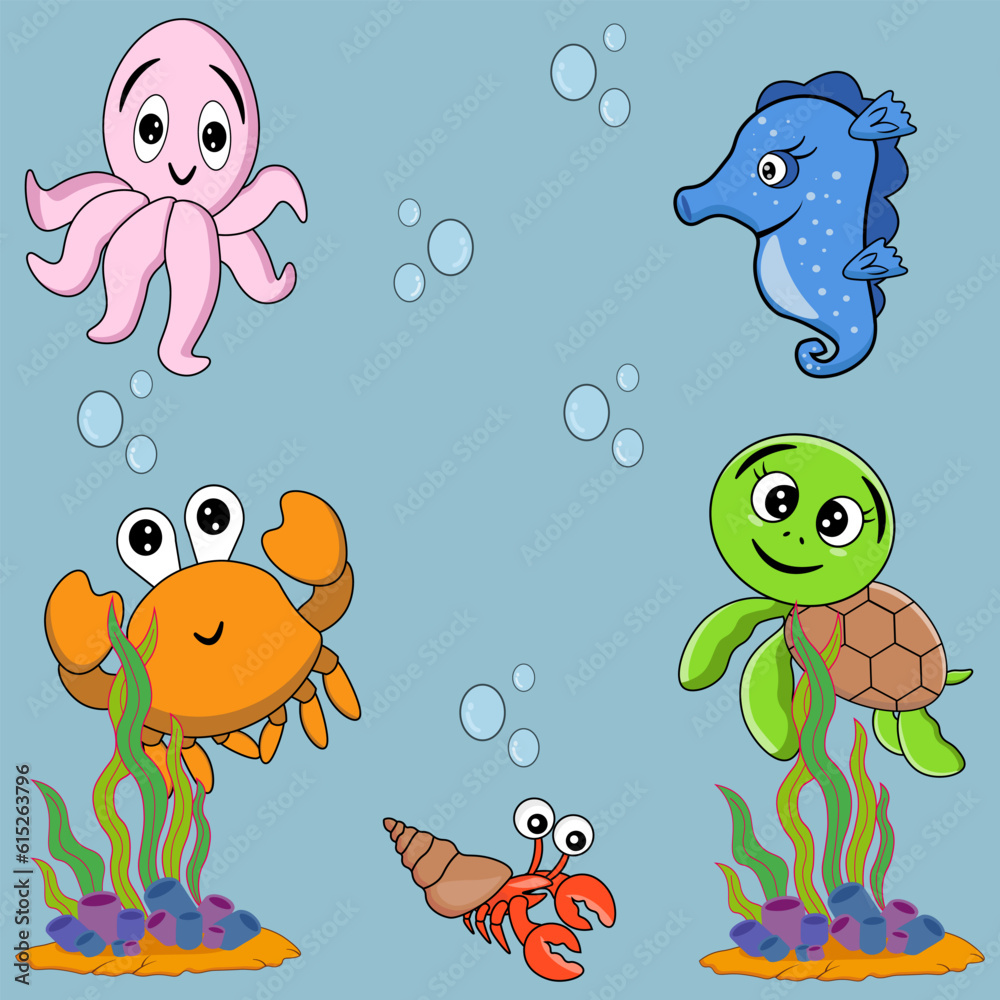 Obraz premium Set of sea animals and plants in cartoon style. Vector illustration on a marine theme