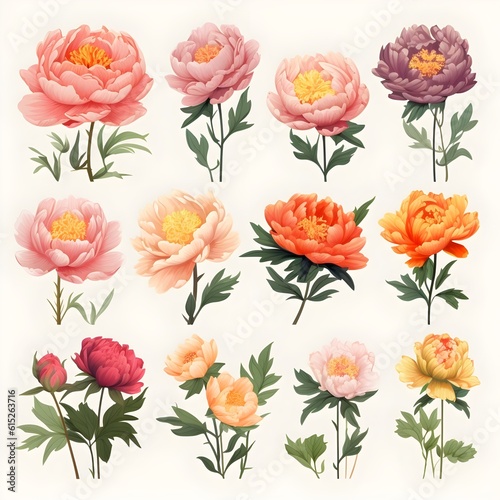 Peony flowers illustration isolated set. Generative AI