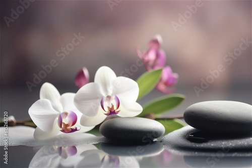 Spa stones and candles with flowers on dark background. AI generated content
