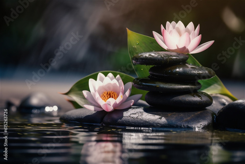 lotus flower outside in water next to black stones. AI generated content