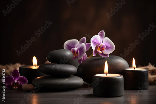 Spa stones and candles with flowers on dark background. AI generated content