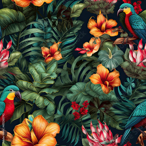 Floral background with parrot  tropical flowers and leaves. Seamless pattern. Generative AI